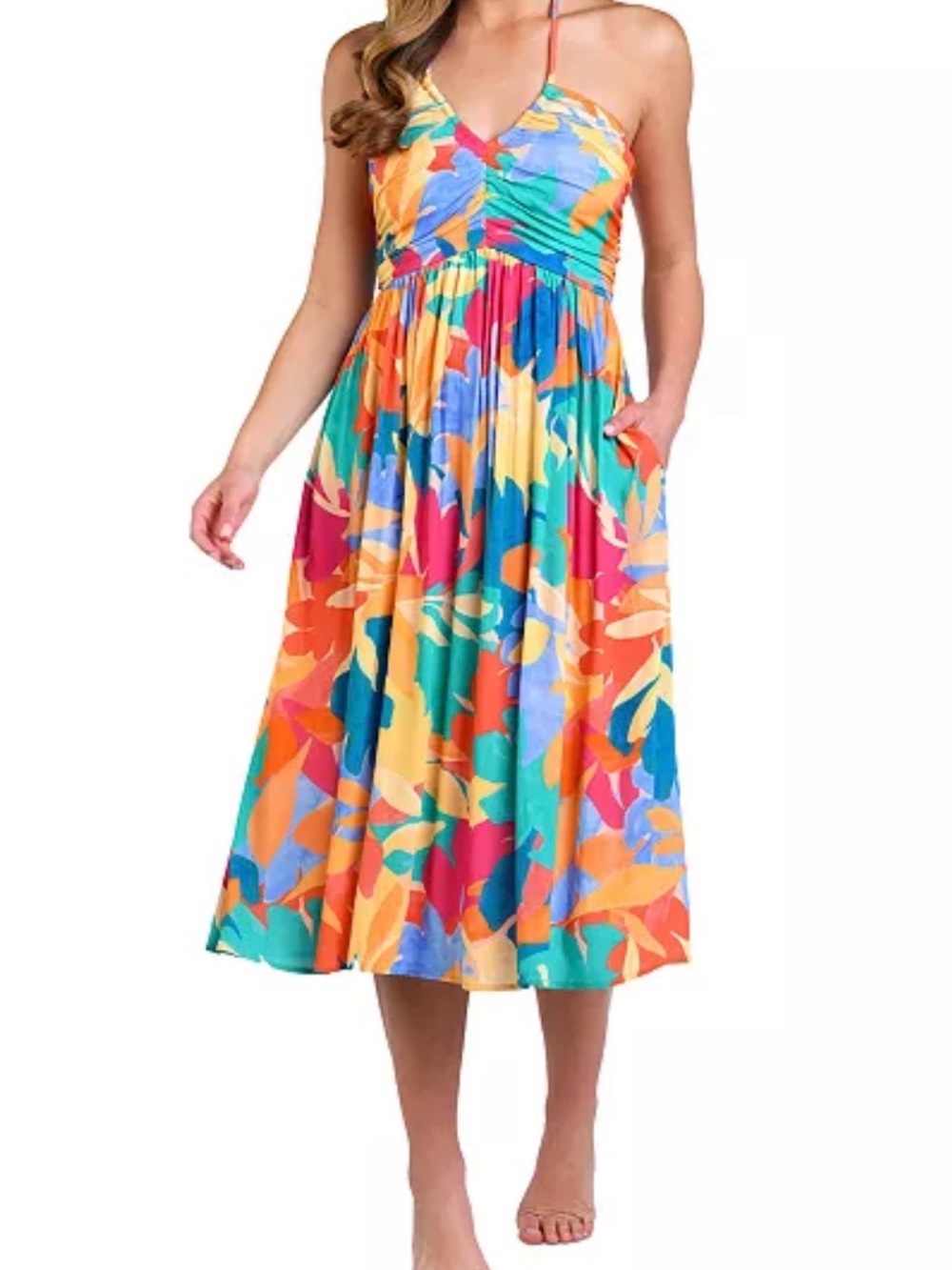 La Blanca Tropical Multicolor Ruched Midi Resort Dress Sz Large